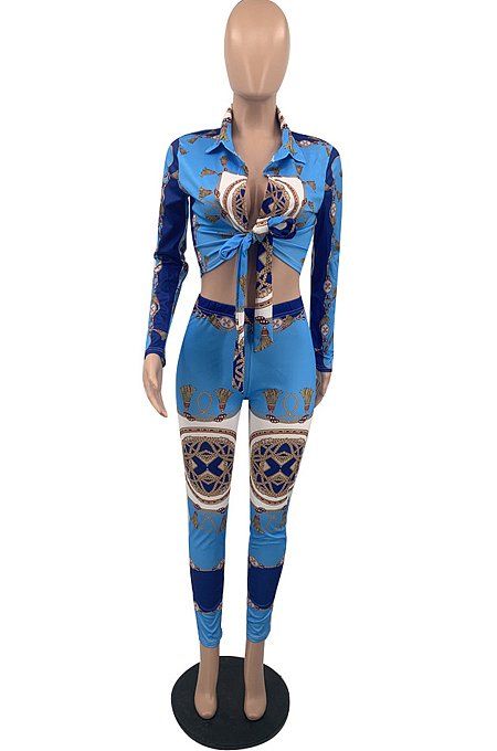Blue Cotton Blend Printing Long Sleeve Lapel Collar Dew Waist Shirts Bodycon Pants Sets QSS51036