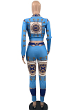 Blue Cotton Blend Printing Long Sleeve Lapel Collar Dew Waist Shirts Bodycon Pants Sets QSS51036