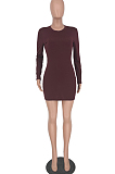 Black Fashion High Elastic Pure Color Long Sleeve Round Colllar Collcet Waist Hip Mini Dress HY5237-2