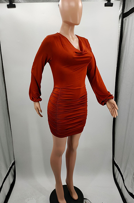 Brown Fashion Ruffle Long Sleeve Low Collar Slim Fitting Solid Color Mini Dress LJJ6073