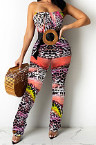 Red Women Strapless Sexy Tight Perspectivity Mesh Spaghetti Printing A Word Shoulder Bodycon Jumpsuits NO Waistband XZ5185-4