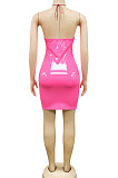 Blue Euramerican Fashion Sexy Condole Belt Hollow Out Solid Color Leather Mini Dress XZ5162-2
