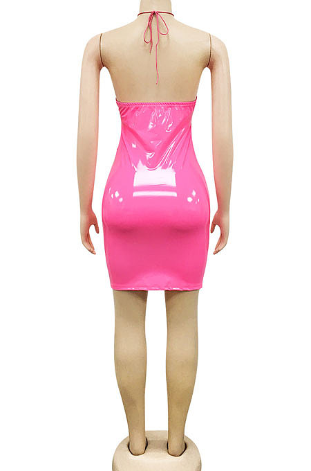 Blue Euramerican Fashion Sexy Condole Belt Hollow Out Solid Color Leather Mini Dress XZ5162-2
