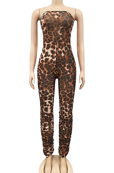 Red Women Strapless Sexy Tight Perspectivity Mesh Spaghetti Printing A Word Shoulder Bodycon Jumpsuits NO Waistband XZ5185-4