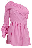 Light Blue Euramerican Women Solid Color Oblique Shoulder Single Sleeve T Shirt/Shirt Dress ED8387-3