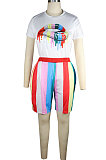Red Euramerican Women Lips Strap Printing Sport Shorts Sets QQM4317-1