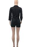 White Autumn Women Nine Points Sleeve Tailored Collar Top High Waist Shorts Solid Sets QSS8025-1
