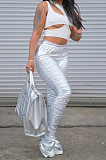 Gold Fashion Women Elastic High Waist Tight Ruffle Slit Pants LSZ91185-3