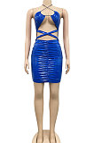Blue Euramerican Fashion Sexy Condole Belt Hollow Out Solid Color Leather Mini Dress XZ5162-2