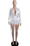 Black New Autumn Drawsting Long Sleeve Lapel Colllar Single-Breasted Shirt Dress LML262-2