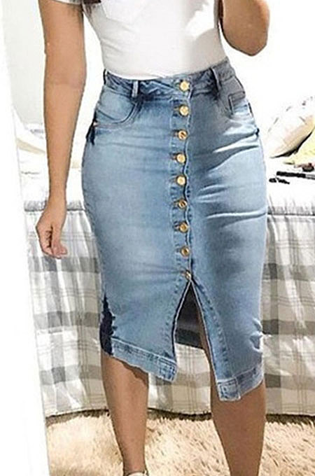 Women Bodycon Sexy Hip Buttons Mid Jeans Skirts GR6002