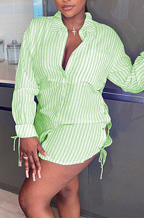 Green Wholesal New Stripe Long Sleeve Lapel Neck Single-Breasted Drawsting Shirts LSZ91181-3