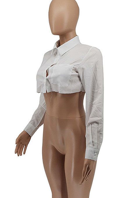 White Fashion Pure Color Long Sleeve Short Cardigan Sexy Crop Shirts WSY5897