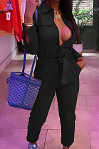 Black Casual Pure Color  Long Sleeve Lapel Collar Zipper With Beltband Slim Fitting Overall Jumpsuit LML264-3