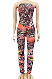Multicolor Women Strapless Sexy Tight Perspectivity Mesh Spaghetti Printing A Word Shoulder Bodycon Jumpsuits NO Waistband XZ5185-2