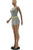 Gray Cute Fashion Stripe Condole Belt Tank Shorts Casual Sets LSZ9070-1