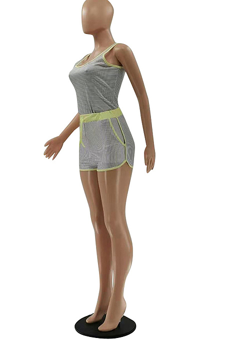 Gray Cute Fashion Stripe Condole Belt Tank Shorts Casual Sets LSZ9070-1