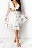 Black Mesh Spaghetti Lace Sexy V Neck Dew Waist Back Bandage Long Sleeve Mini Dress YF9187-2