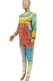 Orange Women Fashion Paisley Printing Pullover Loose Casual Pants Sets WSY5896