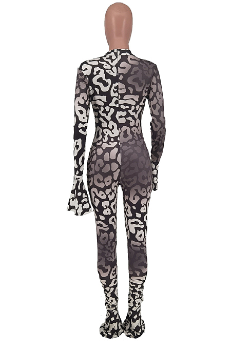 Purple Positioning Printing Horn Long Sleeve Round Collar Bodycon Jumpsuits ZDD31160-3