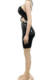 Black Euramerican Fashion Sexy Condole Belt Hollow Out Solid Color Leather Mini Dress XZ5162-1