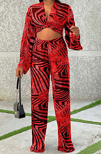 Red Wholesal New Printing Long Sleeve Deep V Collar Strapless High Waist Shift Pants Sets LJJ6075-2