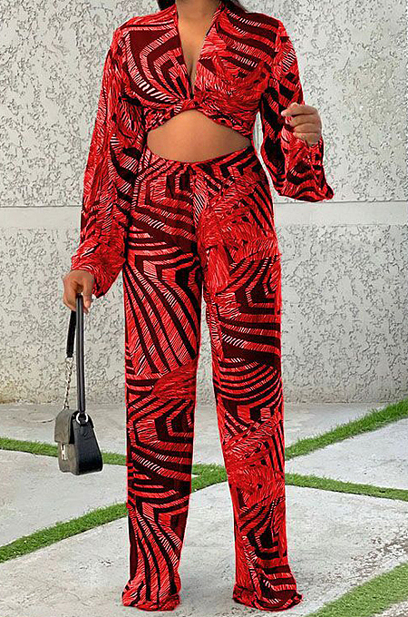 Red Wholesal New Printing Long Sleeve Deep V Collar Strapless High Waist Shift Pants Sets LJJ6075-2