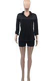 Yellow Autumn Women Nine Points Sleeve Tailored Collar Top High Waist Shorts Solid Sets QSS8025-2