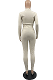 Khaki New Ribber Lettet Embroidered Long Sleeve O Neck Bodycon Pants Casual Two-Piece YYF8242-1
