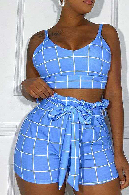 Green Euramerican Plaid Printing Condole Belt Crop Strapless High Waist Shorts Two-Piece HHM6192-4