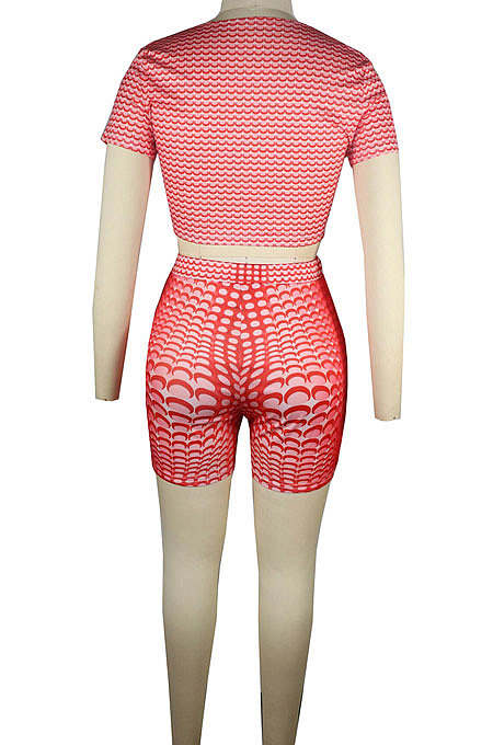 Red Euramerican Women Wave Point Positioning Printing Short Sleeve Sport Two-Pieces QQM4310-1