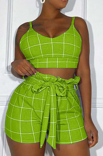 Blue Euramerican Plaid Printing Condole Belt Crop Strapless High Waist Shorts Two-Piece HHM6192-1