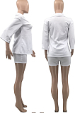 White Autumn Women Nine Points Sleeve Tailored Collar Top High Waist Shorts Solid Sets QSS8025-1