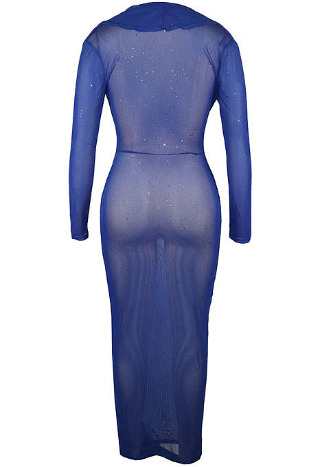 Blue Women Hot Golden Sequins Mesh Spaghetti Long Sleeve Club Long Dress No Underwear QQM4318
