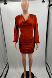 Brown Fashion Ruffle Long Sleeve Low Collar Slim Fitting Solid Color Mini Dress LJJ6073
