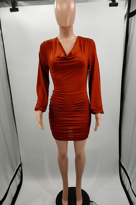 Brown Fashion Ruffle Long Sleeve Low Collar Slim Fitting Solid Color Mini Dress LJJ6073