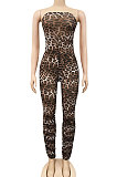 Multicolor Women Strapless Sexy Tight Perspectivity Mesh Spaghetti Printing A Word Shoulder Bodycon Jumpsuits NO Waistband XZ5185-2