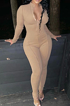 Khaki Autumn Women Long Sleeve Stand Collar Zipper Collcet Waist Solid Color Bodycon Jumpsuits HXY88077-1