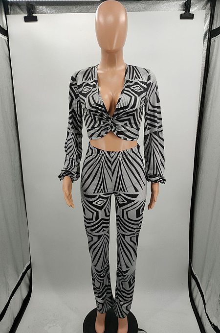 Gray Wholesal New Printing Long Sleeve Deep V Collar Strapless High Waist Shift Pants Sets LJJ6075-3