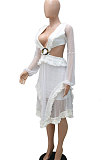 White Mesh Spaghetti Lace Sexy V Neck Dew Waits Back Bandage Long Sleeve Mini Dress YF9187-1