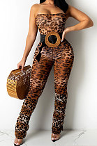 Brown Women Strapless Sexy Tight Perspectivity Mesh Spaghetti Printing A Word Shoulder Bodycon Jumpsuits NO Waistband XZ5185-1