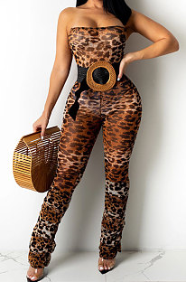 Brown Women Strapless Sexy Tight Perspectivity Mesh Spaghetti Printing A Word Shoulder Bodycon Jumpsuits NO Waistband XZ5185-1