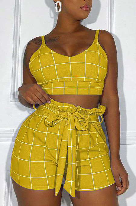 Green Euramerican Plaid Printing Condole Belt Crop Strapless High Waist Shorts Two-Piece HHM6192-4