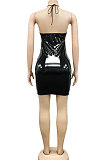 Blue Euramerican Fashion Sexy Condole Belt Hollow Out Solid Color Leather Mini Dress XZ5162-2