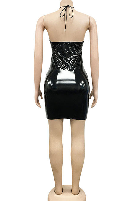 Blue Euramerican Fashion Sexy Condole Belt Hollow Out Solid Color Leather Mini Dress XZ5162-2