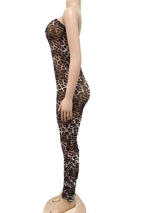 Black Women Strapless Sexy Tight Perspectivity Mesh Spaghetti Printing A Word Shoulder Bodycon Jumpsuits NO Waistband XZ5185-3