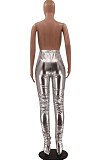 Gold Fashion Women Elastic High Waist Tight Ruffle Slit Pants LSZ91185-3