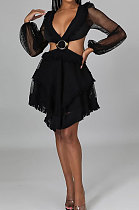 Black Mesh Spaghetti Lace Sexy V Neck Dew Waist Back Bandage Long Sleeve Mini Dress YF9187-2