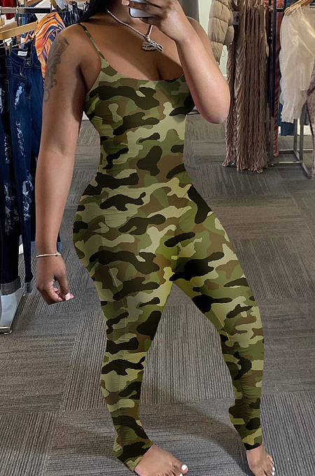 Green Camouflage Summer Sexy Condole Belt Slim Fitting Ruffle Bodycon Jumpsuits MD308-1
