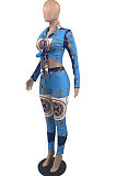 Blue Cotton Blend Printing Long Sleeve Lapel Collar Dew Waist Shirts Bodycon Pants Sets QSS51036